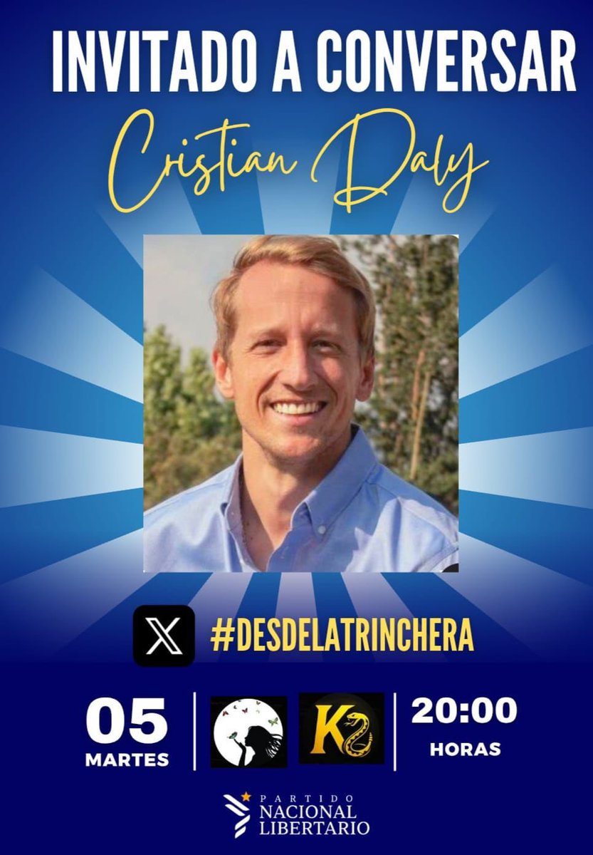 KrAn (@kran_libertario) on Twitter photo 🎙 Esta noche a las 20:hrs
En #DesdeLaTrinchera, junto a <a href="/AndreaPeaceCL/">🇨🇱Andrea-Chilena-Patriota⭐️🇨🇦🍁❤️🇨🇱</a>, conversamos con el Pre Candidato a Diputado <a href="/cristiandalyd/">Cristián Daly</a>.
💬 Su historia, sus convicciones y lo que lo impulsa a dar esta lucha por Chile 🇨🇱
📲 En vivo por X
¡No faltes! 🎙 Esta noche a las 20:hrs
En #DesdeLaTrinchera, junto a <a href="/AndreaPeaceCL/">🇨🇱Andrea-Chilena-Patriota⭐️🇨🇦🍁❤️🇨🇱</a>, conversamos con el Pre Candidato a Diputado <a href="/cristiandalyd/">Cristián Daly</a>.
💬 Su historia, sus convicciones y lo que lo impulsa a dar esta lucha por Chile 🇨🇱
📲 En vivo por X
¡No faltes!