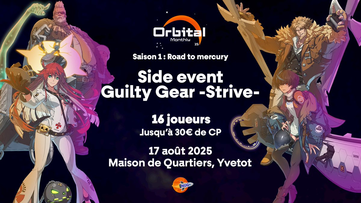 Toujours fidèle au poste, GUILTY GEAR STRIVE sera présent en side-event à l'Orbital Monthly #15.
Let's rock !⚙️🔥

🗓 Dimanche 17 août
🕹 16 slots
💸 Jusqu’à 30€ de cashprize
📍 Maison de Quartiers d’Yvetot

🔗 start.gg/OM15