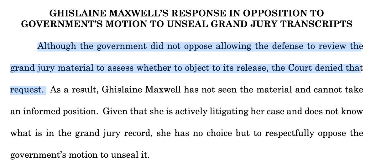 NEWS

Ghislaine Maxwell opposes unsealing the grand jury transcripts. 

The first line of her filing states that Trump's DOJ did not oppose her reviewing the materials first, a request denied by the judge.

Motion storage.courtlistener.com/recap/gov.usco…