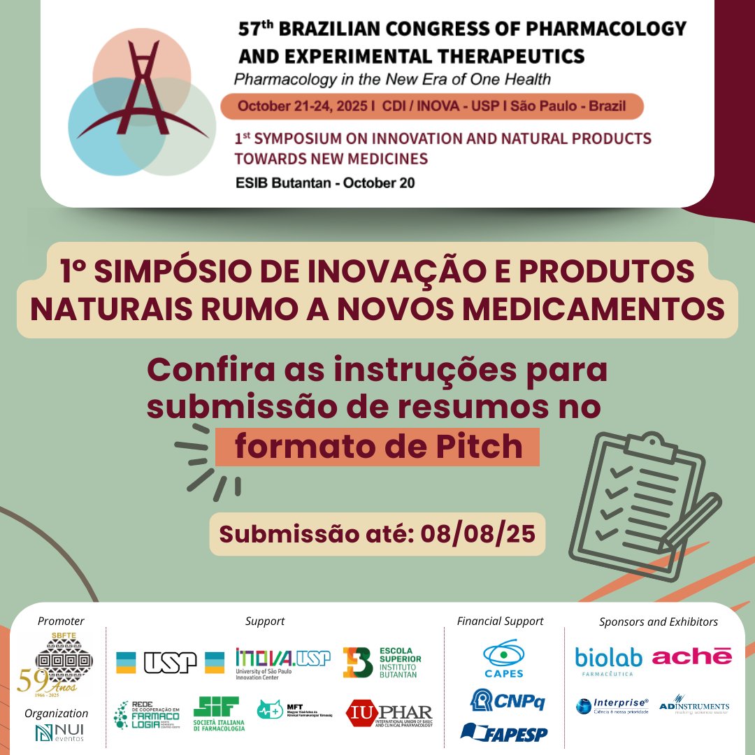📢 ATENÇÃO: últimos dias para submissões de resumos!

Estão abertas, até o dia 8 de agosto de 2025, as submissões de resumos para apresentação em formato de pitch no 1º Simpósio de Inovação e Produtos Naturais rumo a Novos Medicamentos.        

📌Acesse: sbfte.org.br/congresso-2025…