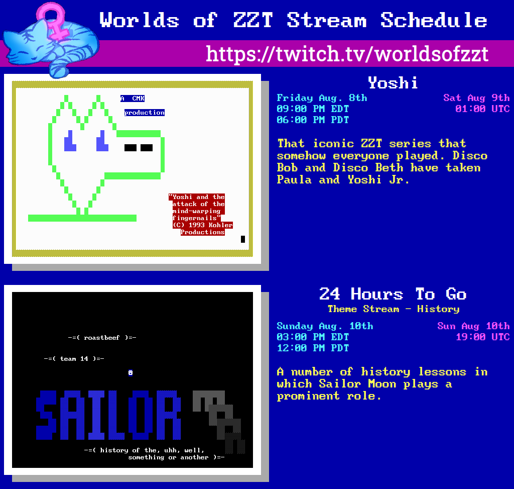 worldsofzzt's tweet photo. Presenting our schedule for this week. History is in right now. Watch along with us at https://t.co/Z7EwNwboP8 #stream_schedule #zzt https://t.co/I2BtS46u8b