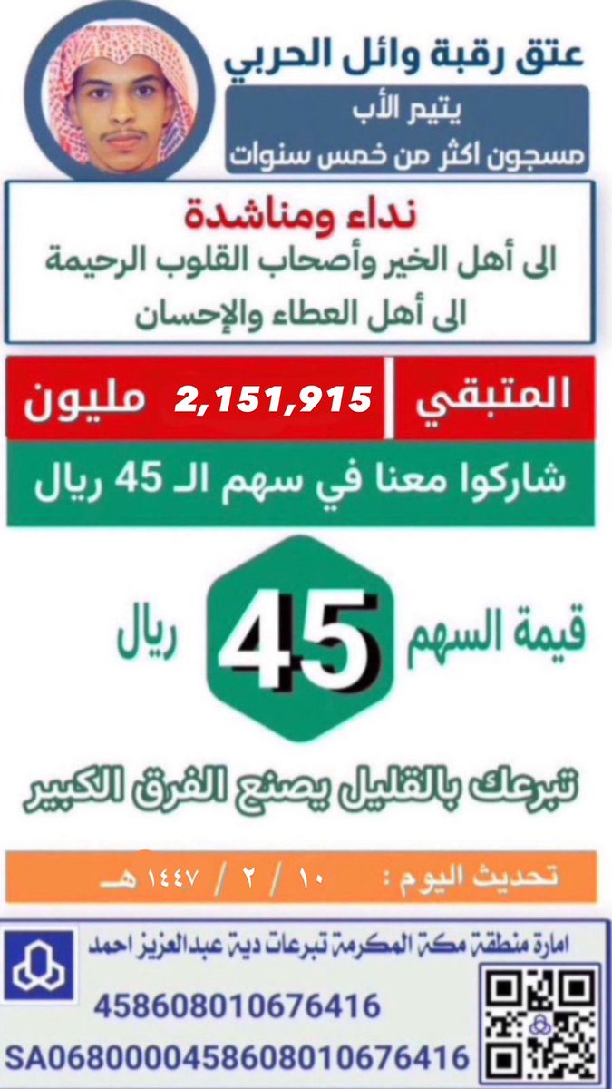 فاعل وفاعلة الخير 

حضورك صدقه ✅
ريالك صدقه ✅
رتويتك صدقه ✅
👈🏻 فلا تحقرنّ من المعروف شيئاً

الحساب بااسم امارة منطقة مكه المكرمه
 حساب بنك الراجحي 
458608010676416
الآيبان 
SA0680000458608010676416
#عتق_رقبة_وائل_الحربي