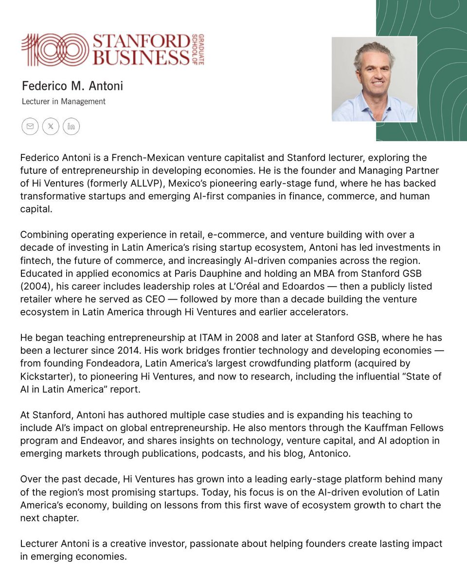Federico Antoni (@federicoantoni) on Twitter photo After more than a decade teaching at <a href="/StanfordGSB/">Stanford Graduate School of Business</a>, Iβve updated my bio to reflect what Iβm most curious about right now: how AI can unlock new opportunities for Latin American entrepreneurs and reimagine entrepreneurship in developing economies with my students.
Grateful to keep After more than a decade teaching at <a href="/StanfordGSB/">Stanford Graduate School of Business</a>, Iβve updated my bio to reflect what Iβm most curious about right now: how AI can unlock new opportunities for Latin American entrepreneurs and reimagine entrepreneurship in developing economies with my students.
Grateful to keep