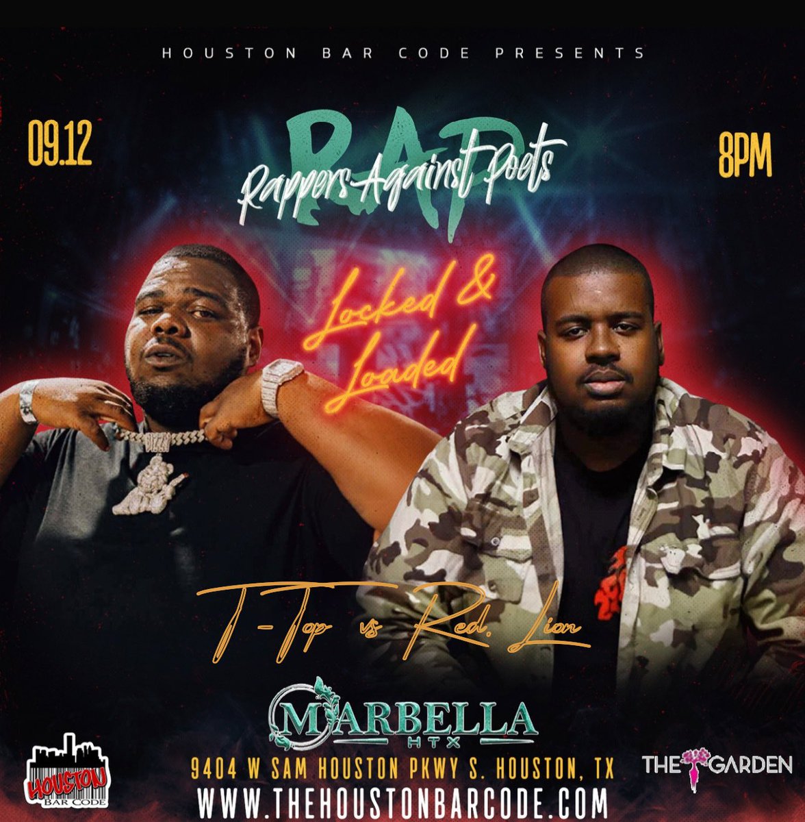 HoustonBarCode (@houstonbarcode) on Twitter photo The Streets need a body @_topbizzy vs <a href="/redlionpoetry/">Charles Ray Patton</a> The art of Bars & Story telling in it’s purest form! @rappersagainstpoets tickets at TheHoustonBarCode.com The Streets need a body @_topbizzy vs <a href="/redlionpoetry/">Charles Ray Patton</a> The art of Bars & Story telling in it’s purest form! @rappersagainstpoets tickets at TheHoustonBarCode.com