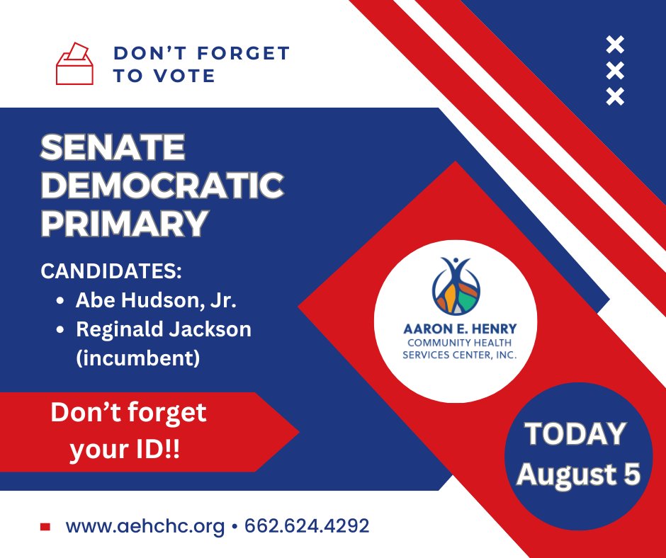 aehchc's tweet photo. Don't forget Senate primaries TODAY!! 

Democratic Primary, District 11, covers Coahoma, DeSoto, Quitman, Tate, and Tunica.  

Democratic Primary, District 2, covers Tunica and DeSoto..  

Republican Primary, District 1, covers DeSoto and Tate County.

 VOTE!!! https://t.co/HhtPvGUxm4
