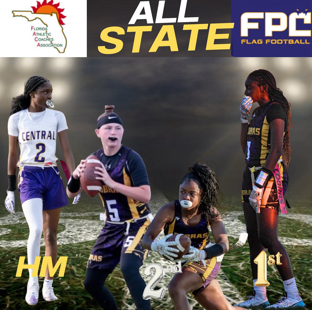 Fort Pierce Central Flag Football (@cobraflag) on Twitter photo Congratulations to our 🐍🐍🐍🐍 that made the 1ST EVER 4️⃣🅰️ ALL-STATE list!
1st Team <a href="/karlaaa_011/">Karla Timothy</a>
2nd Team <a href="/Adrienne_358/">Adrienne Rivera</a> <a href="/Tajeyah4/">Tajeyah Chance</a>
HM <a href="/d1_erin/">Erin</a>
<a href="/FACACoach/">FACA</a> <a href="/PrepRedzoneFL/">Prep Redzone Florida</a> <a href="/PatBernadeau/">Patrick Bernadeau 🇭🇹</a> <a href="/ESPNTop63/">ESPN Top 63</a> <a href="/EraPrep/">New Era Prep</a> <a href="/najitobias/">Naji Tobias</a> <a href="/Rivals_HS/">Rivals High School</a> <a href="/TCPalm/">TCPalm</a> <a href="/WPTV/">WPTV</a> Congratulations to our 🐍🐍🐍🐍 that made the 1ST EVER 4️⃣🅰️ ALL-STATE list!
1st Team <a href="/karlaaa_011/">Karla Timothy</a>
2nd Team <a href="/Adrienne_358/">Adrienne Rivera</a> <a href="/Tajeyah4/">Tajeyah Chance</a>
HM <a href="/d1_erin/">Erin</a>
<a href="/FACACoach/">FACA</a> <a href="/PrepRedzoneFL/">Prep Redzone Florida</a> <a href="/PatBernadeau/">Patrick Bernadeau 🇭🇹</a> <a href="/ESPNTop63/">ESPN Top 63</a> <a href="/EraPrep/">New Era Prep</a> <a href="/najitobias/">Naji Tobias</a> <a href="/Rivals_HS/">Rivals High School</a> <a href="/TCPalm/">TCPalm</a> <a href="/WPTV/">WPTV</a>