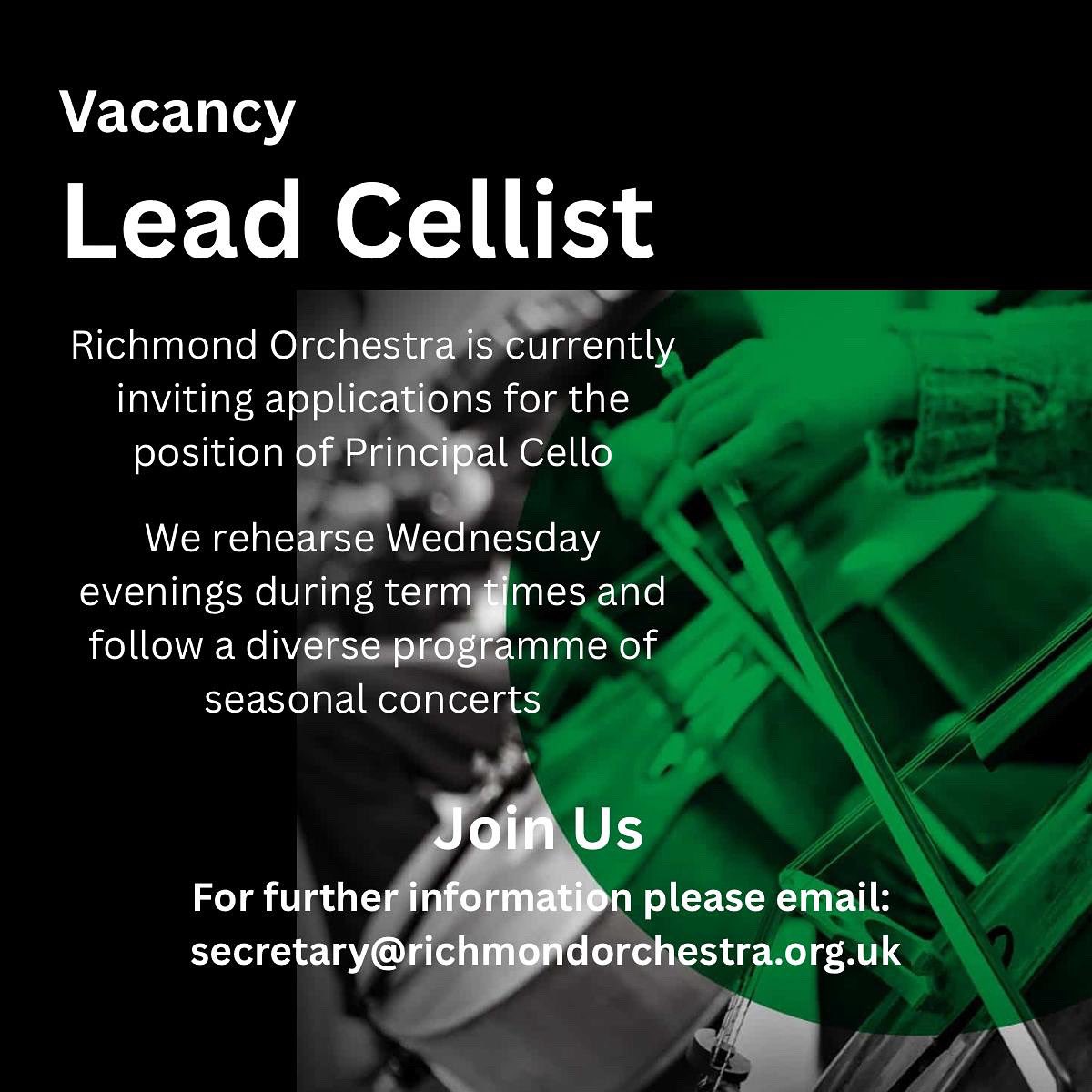 We’re on the look out for a principal cellist. If you, or know anyone who’d be interested in this role, please do contact us using the details below 👇
