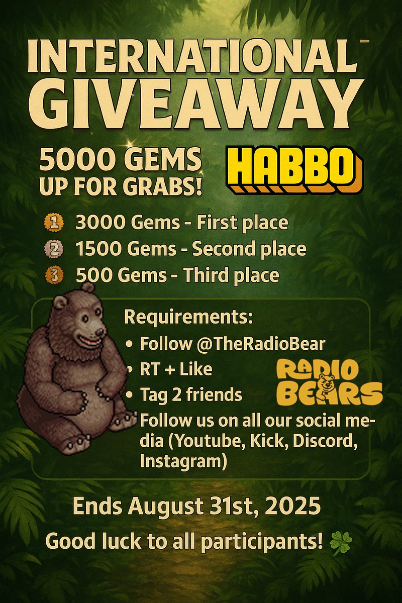 🌍 INTERNATIONAL GIVEAWAY 💎
✨  5000 GEMS UP FOR GRABS! <a href="/Habbo/">Habbo</a>   
🥇 3000 Gems - First place 
🥈 1500 Gems - Second place 
🥉 500 Gems - Third place  
🔸 Requirements: Follow <a href="/TheRadioBear/">RadioBears.com</a> 🐻 RT 🔁 +    

Like ❤️ 
Tag 2 friends 💎

 Follow us on all our social media (Youtube,