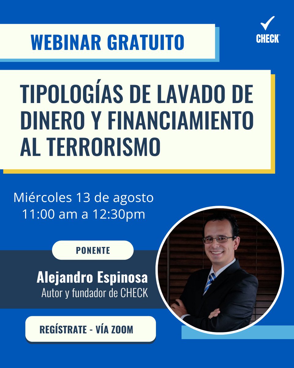 CheckPld's tweet photo. 📷 WEBINAR GRATUITO
📷 "Tipologías de Lavado de Dinero y Financiamiento al Terrorismo"
¡Inscríbete ahora!
📷 https://t.co/IZZGa6qnst...
#CHECKPLD #PLD #Tipología #Webinar #CNBV #UIF https://t.co/nJacP2qcf7