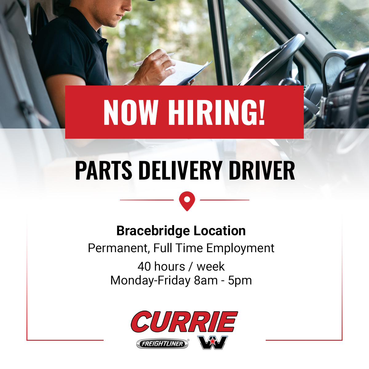 Now Hiring: We're looking for a reliable Parts Delivery Driver for full-time #employment at our #Bracebridge #Ontario location. Learn more and apply to #work with us at currietruckcentre.com/join-the-team/