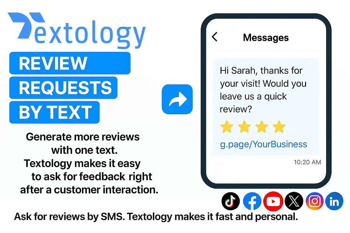 textologyhub's tweet image. Need more 5-star reviews? 📲 With Textology, send a quick SMS review request post-interaction. Easy, fast, and personal. #SMSMarketing #ReviewRequests #Textology