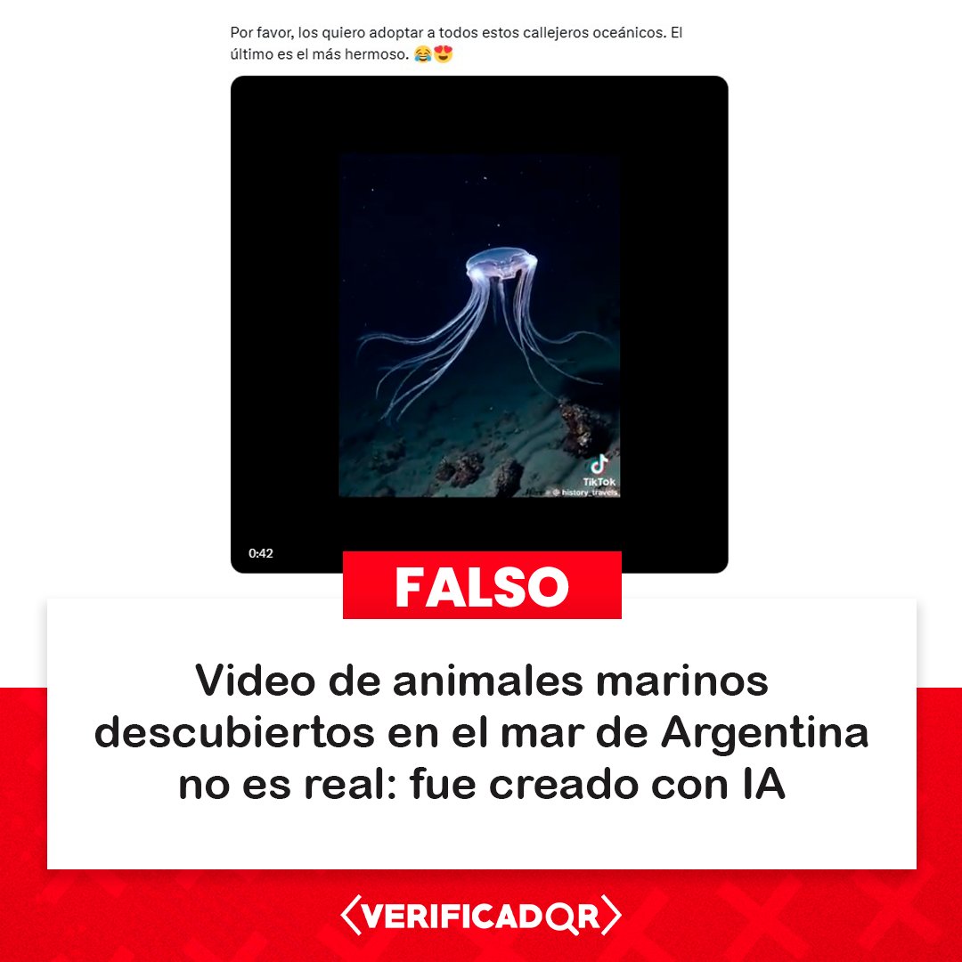 🔍 Usuarios difundieron un video que muestra el presunto hallazgo de especies marinas en las profundidades del mar de Argentina. No obstante, la secuencia fue hecha con IA y difiere de la transmisión oficial de la expedición.

👉 Nota completa: bit.ly/animales-argen…