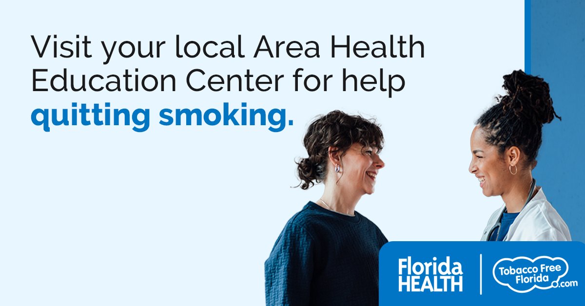 Thinking about quitting smoking? Florida’s Area Health Education Centers can help. Get expert group cessation support and access to proven quit-smoking medications all in one place. Take the first step towards a healthier you. Learn more at TobaccoFreeFlorida.com/QuitYourWay.