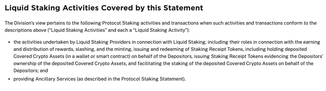 The SEC continues to provide clarity––today, it's liquid staking.

In a detailed statement, they carefully demonstrate why ordinary liquid staking activities should not be regulated under securities laws. 

Huge win.