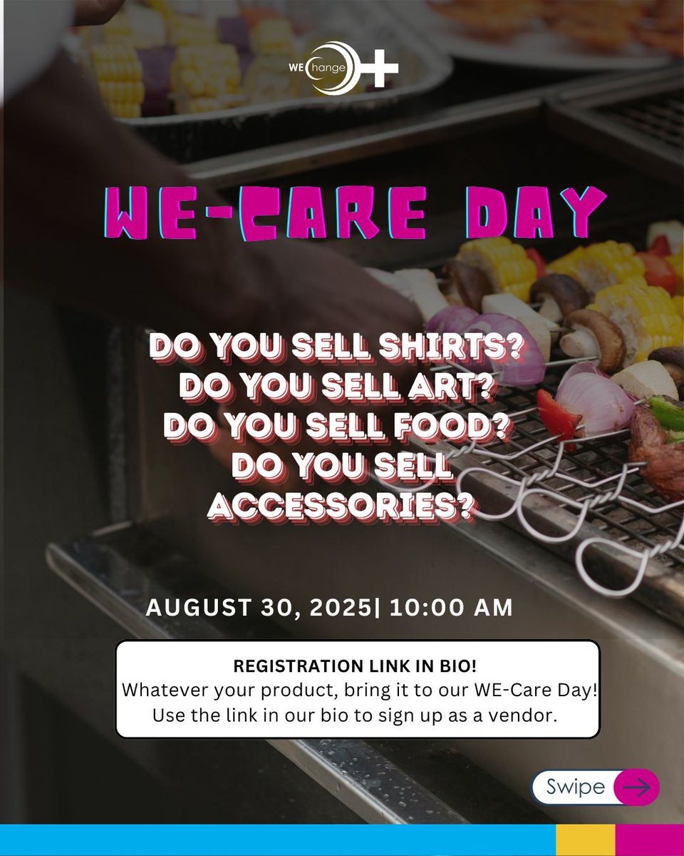 Do you sell shirts, art, food, or accessories? Set up shop at WE-Care Day on August 30 at 10AM. 💍👗🍗🌭

Sign up here: forms.gle/Xog18tjXPRQ6yj…

WE-Care Day is a space for queer healing, learning, and community. It’s a day filled with art-making, movement, and honest
