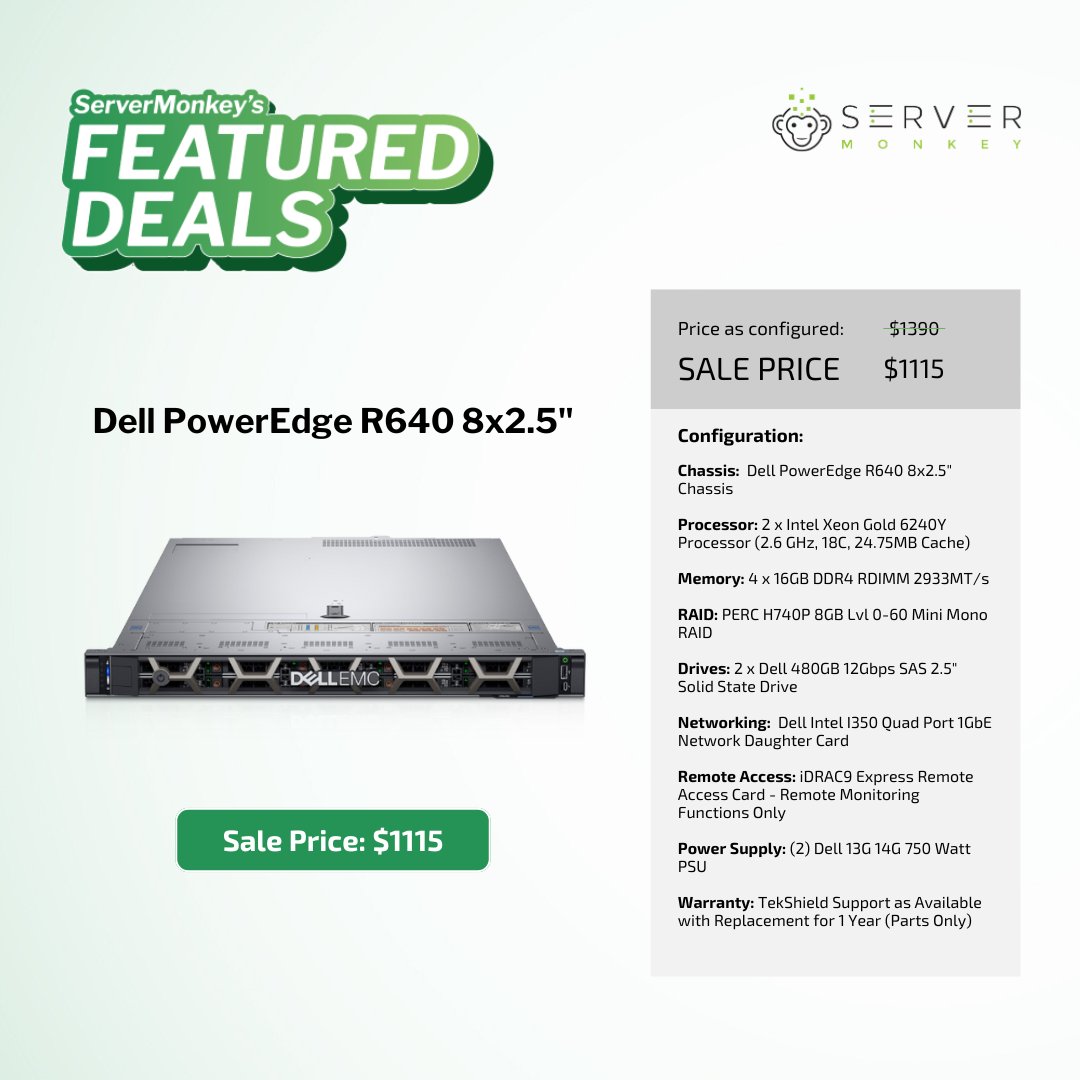 ServerMonkey (@myservermonkey) on Twitter photo Get the Dell PowerEdge R640 8-Bay Server w/ dual Xeon Gold 6240Y CPUs + 64GB RAM + 2x 480GB SAS SSDs.
Bonus: Those same SSDs are now 67% off—just $100 each (was $300)!
🌐: hubs.ly/Q03BnxGm0
👨💻: 1-855-432-8918 | sales@servermonkey.com Get the Dell PowerEdge R640 8-Bay Server w/ dual Xeon Gold 6240Y CPUs + 64GB RAM + 2x 480GB SAS SSDs.
Bonus: Those same SSDs are now 67% off—just $100 each (was $300)!
🌐: hubs.ly/Q03BnxGm0
👨💻: 1-855-432-8918 | sales@servermonkey.com