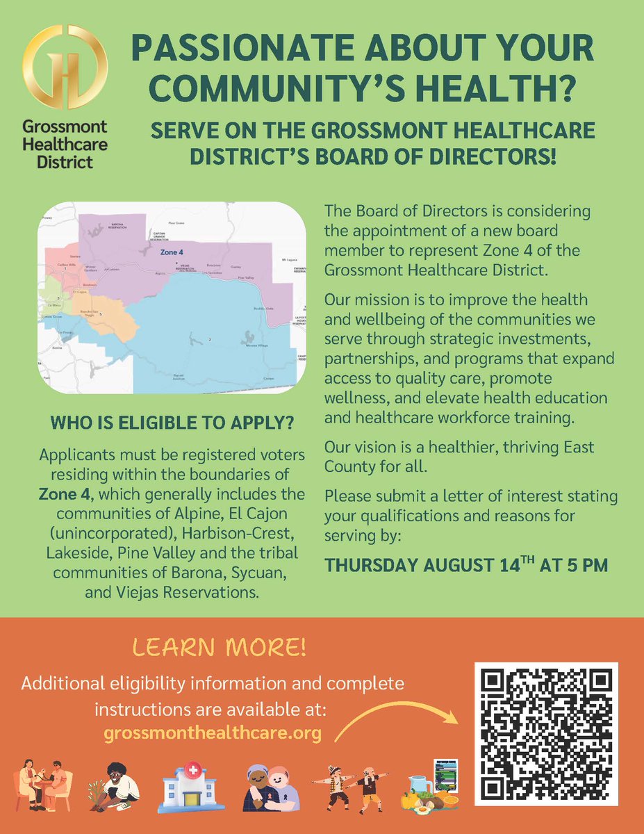 Our vision as a District is a healthier, thriving 
#EastCounty for all. If you live in Zone 4, applications to apply for the Zone 4 Board of Directors Vacancy are due on Thursday, August 14th: bit.ly/3H0TiIO

#EastCountyHealth #Alpine #Lakeside #PineValley #SanDiego