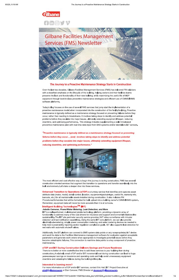In today's <a href="/GilbaneFMS/">GilbaneFMS</a> we focus on the use of several FMS services, that when incorporated into #construction of the facility/building, can jump start the implementation or support of a #proactive #maintenance model. Click here to read the complete Blog linkedin.com/posts/gilbane-…
