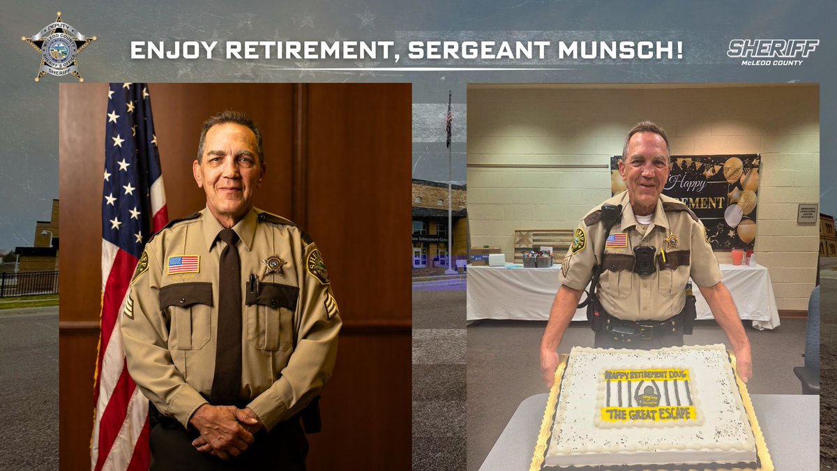 After nearly 30 years of service, we bid farewell to Sgt. Munsch of the McLeod Co. Jail. Munsch began in 1996, promoted in ’98 &amp; ’18, and served with dedication until retirement. Thank you, Doug—enjoy your well-earned retirement! 👏
