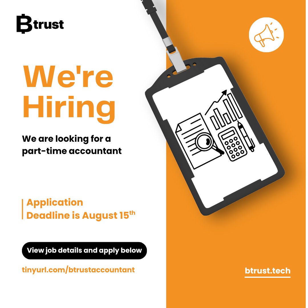 btrustteam's tweet photo. We're hiring a part-time accountant at Btrust 📢
If you have experience with budgeting, financial reporting, and setting up accounting systems, especially in a non-profit setting, we’d love to hear from you.
As our accountant, you’ll keep our financial records accurate, help us stay compliant, and support the team with financial advice as we grow. You’ll also play a key role in building efficient financial systems that can scale with our work.
This is a remote, short-term role, with flexible working hours. We especially encourage people based in Africa to apply.
👉 Learn more about the role and apply here: https://t.co/jhmQKcLPak
🗓️ Applications close on August 15th, 2025.