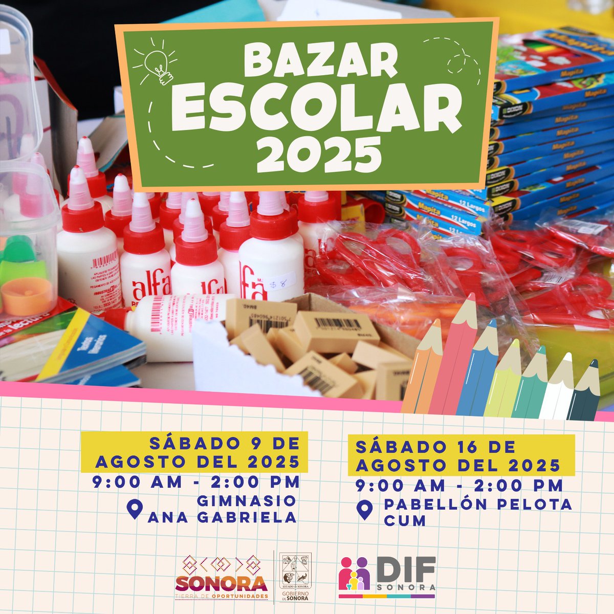 🎒¿Ya tienes los útiles escolares para el regreso a clases? 📚

Aprovecha los mejores precios en el Bazar Escolar de DIF Sonora.

Consulta las fechas y ubicaciones.

Habrá rifa de bicicletas entre las y los asistentes, además de amenidades y servicios gratuitos.

¡Te esperamos!