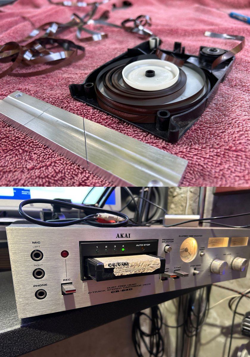 BruceBarker's tweet photo. The plan: a radio show featuring the thousands of hits of the ’70s &amp; ‘80s, all sourced from vinyl. Some titles are elusive, so I’m trolling my old home-recorded-from-vinyl 8-Tracks (most needing repair) for missing songs.  The show may never launch, but it's been a fun adventure! https://t.co/EMLzsYk5xr