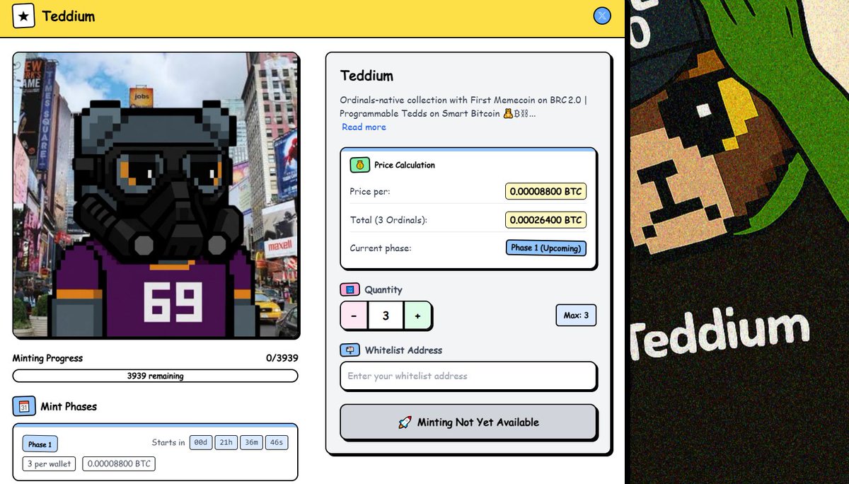 Wallet Checker is Live 🧸

ordinalgenesis.xyz/mint/teddium

If it shows ineligible, DM right away.

The Meme movement on BRC 2.0 officially begins tomorrow!

Drop your Taproot bc1p address to enter the culture.

Tedd bless 🐻