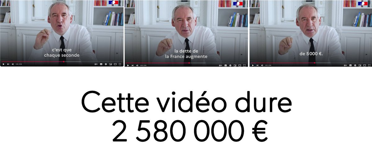 La première vidéo de François Bayrou dure 2 580 000 €.
Euh pardon... 8 minutes et 36 secondes !
