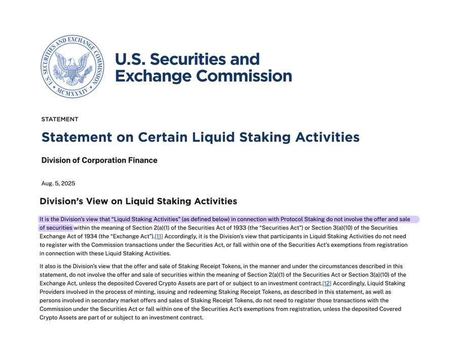 CoinDesk (@coindesk) on Twitter photo 🚨 BREAKING: <a href="/SECGov/">U.S. Securities and Exchange Commission</a> says liquid staking and related tokens are not considered securities.
A major win for DeFi 💪 🚨 BREAKING: <a href="/SECGov/">U.S. Securities and Exchange Commission</a> says liquid staking and related tokens are not considered securities.
A major win for DeFi 💪