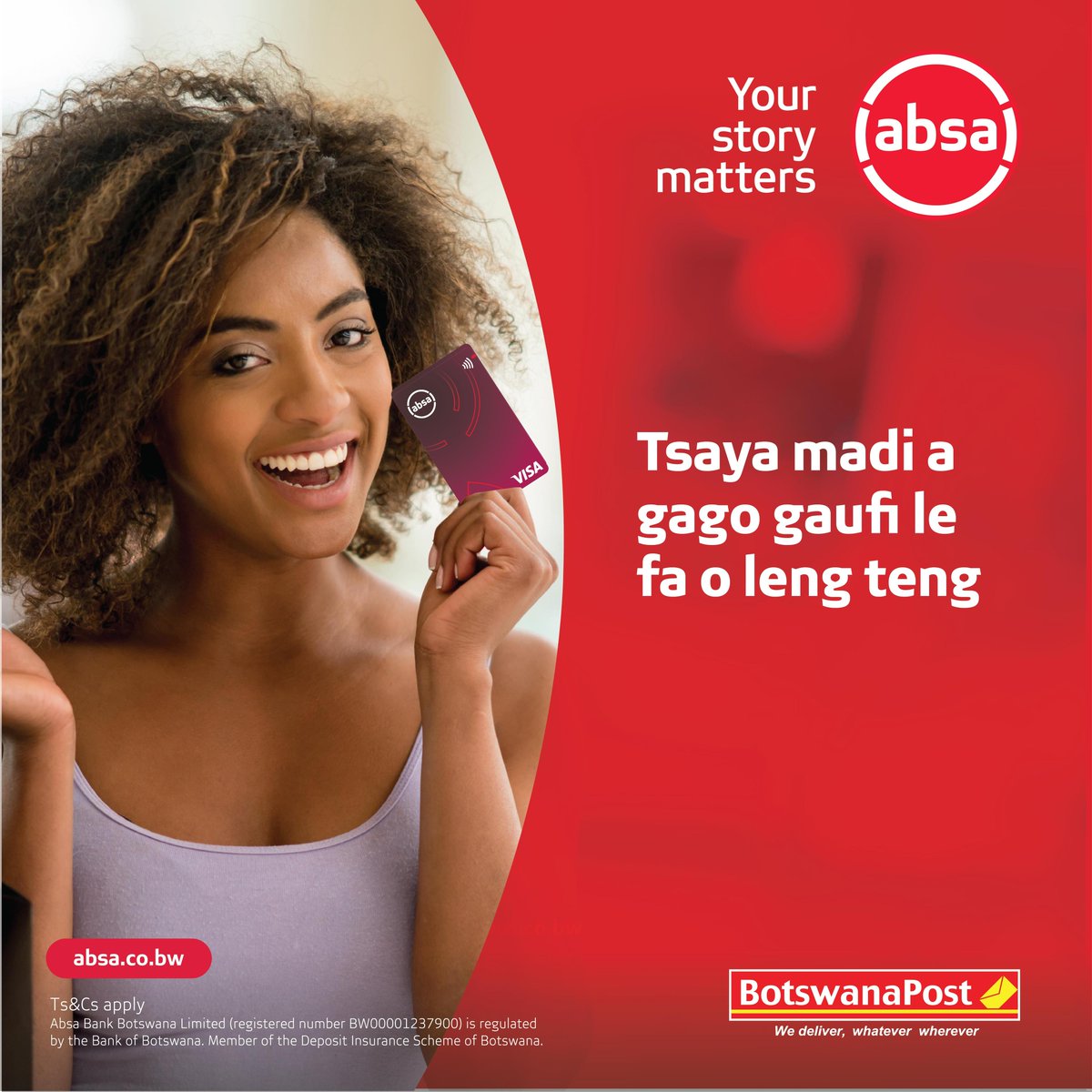 Ga o tlhoke go ya kgakala go bona madi a gago. Tsaya madi ka Absa Cashback mo posong e e gaufi le wena. O tlhoka karata ya gago ya Absa le Omang o o mo tirisong.

#AbsaCashback #YourStoryMatters #BotswanaPost