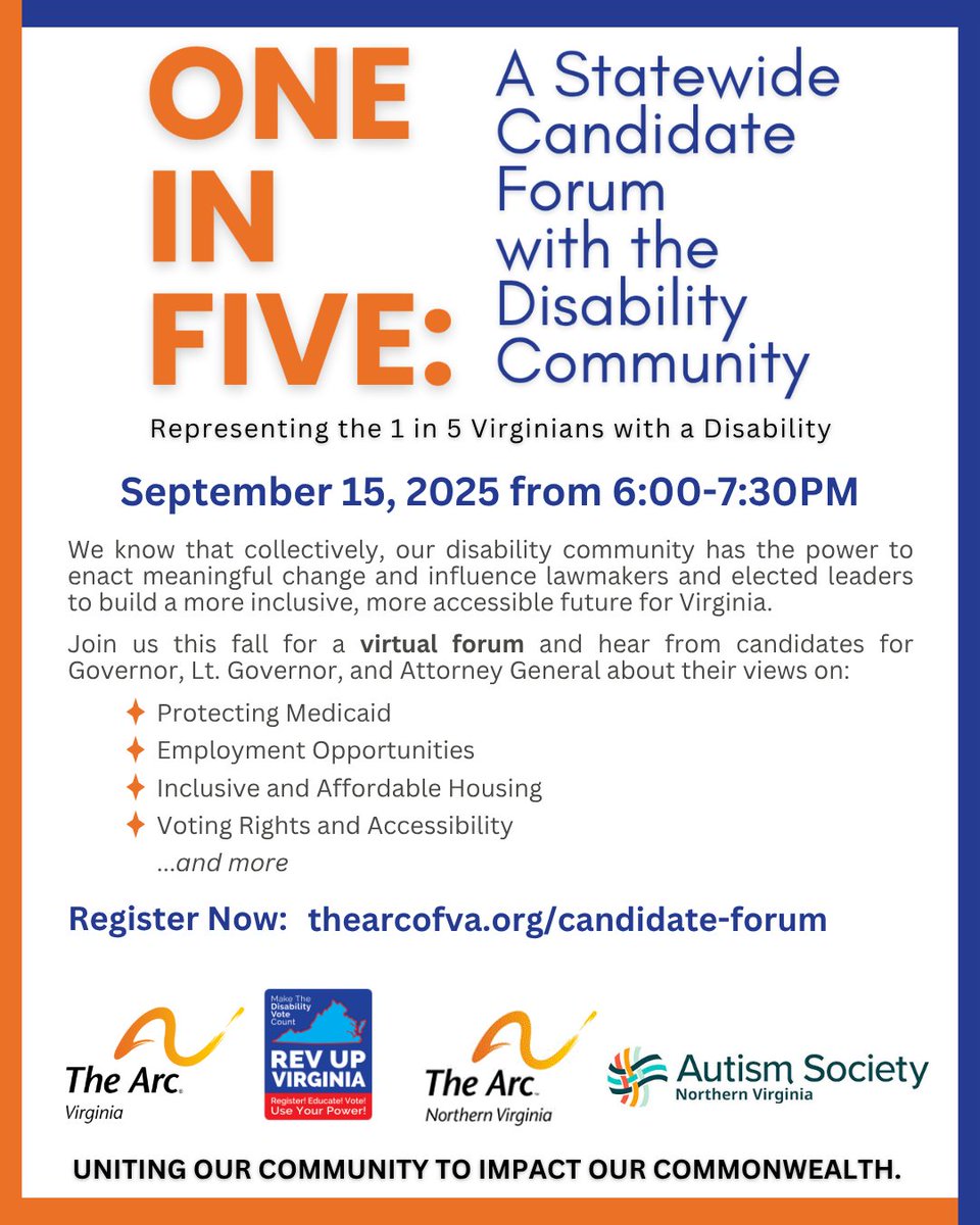 HopeHouseVA's tweet image. Disability issues are election issues!
Join the 2025 Statewide Candidate Forum — hear from candidates for Gov, Lt. Gov &amp;amp; AG on what matters to the disability community.

📅 Sept 15 | 💻 Virtual
🔗 Register: thearcofva.org/candidate-forum

#DisabilityVote #DisabilityPower #TheArcVA