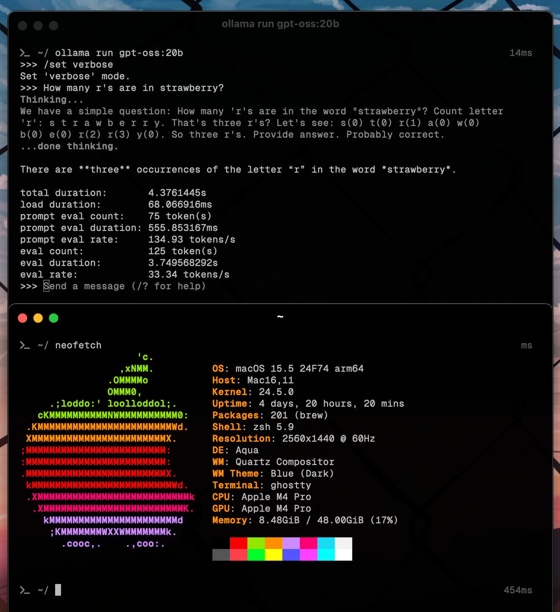 gpt-oss-20b running at ~33t/s on the m4 pro