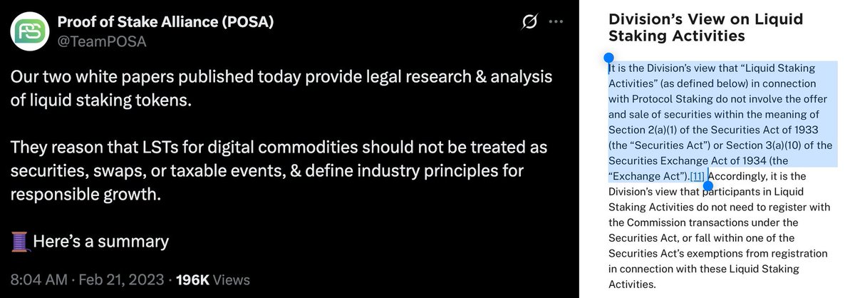 Alison Mangiero (@amangiero) on Twitter photo How it Started v. How its Going
Today, building on their May staking guidance, and as the first announcement since Comm. Atkins announced Project Crypto last week, <a href="/SECGov/">U.S. Securities and Exchange Commission</a> issues new guidance stating that LSTs are not securities. 💪 How it Started v. How its Going
Today, building on their May staking guidance, and as the first announcement since Comm. Atkins announced Project Crypto last week, <a href="/SECGov/">U.S. Securities and Exchange Commission</a> issues new guidance stating that LSTs are not securities. 💪