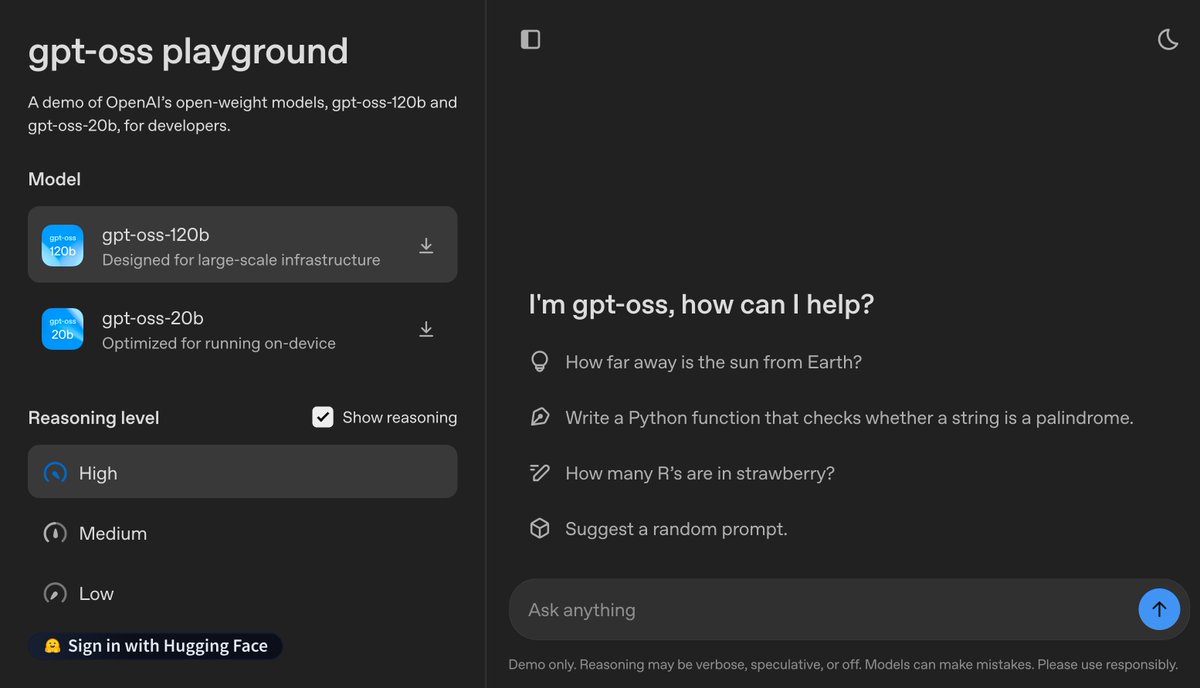 Head over to gpt-oss.com to try the official demo of <a href="/OpenAI/">OpenAI</a>'s gpt-oss models powered by <a href="/huggingface/">Hugging Face</a>!