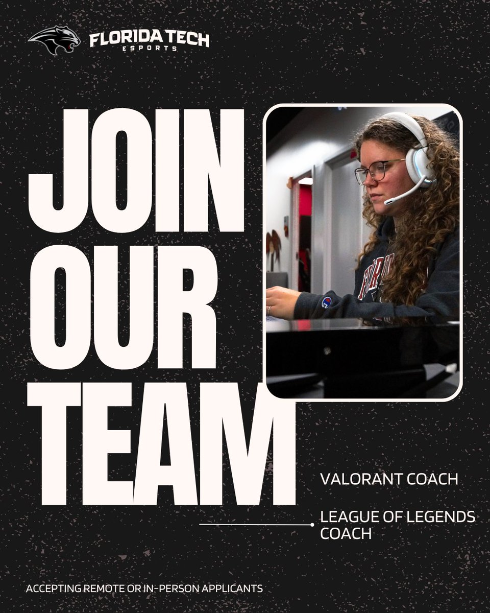 Florida Tech Esports is seeking coaches to join us this fall for Valorant and League of Legends!

Use the link in our bio to access the application and additional information, including hours, pay, and duration. We look forward to hearing from you!