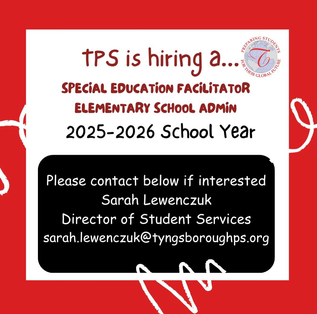 Tyngsborough Public Schools is currently hiring a special education facilitator (elementary admin) for the 2025-2026 school year! 

Please contact sarah.lewenczuk@tyngsboroughps.org for more information! #tpsprepares #nowhiring