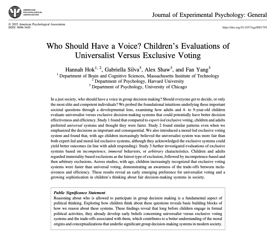 Who should have a voice in a just society? 🗳️
Our new JEP:G paper finds that young children and adults believe voting should be for everyone—not just the elite or the most capable. But being morally bad is seen as a fair reason to lose this right.
 doi.org/10.1037/xge000…