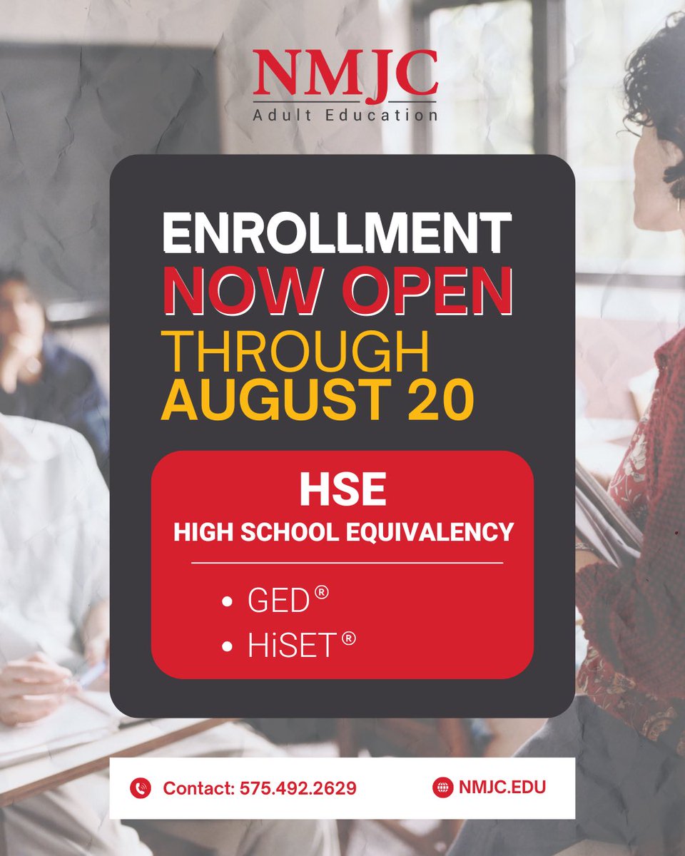 Enrollment for NMJC Adult Education is NOW OPEN through August 20!
Choose between GED® or HiSET® and take the next step toward your future.
Visit NMJC.edu

#NMJC #NewMexicoJuniorCollege #NMJCSuccessThroughLearning #FeelTheThunder