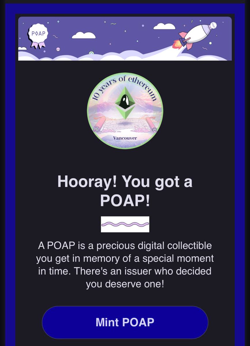 Ethereum Vancouver (@ethvancouver) on Twitter photo Hey all! If you attended the Ethereum 10-Year Party in Vancouver, you can now mint a <a href="/poapxyz/">POAP - Bookmarks for your life</a>!
Check the email you signed up with on Luma.
This POAP will be issued on Base, and is free to mint!
Feel free to share a Moment inside the POAP from the event! Hey all! If you attended the Ethereum 10-Year Party in Vancouver, you can now mint a <a href="/poapxyz/">POAP - Bookmarks for your life</a>!
Check the email you signed up with on Luma.
This POAP will be issued on Base, and is free to mint!
Feel free to share a Moment inside the POAP from the event!