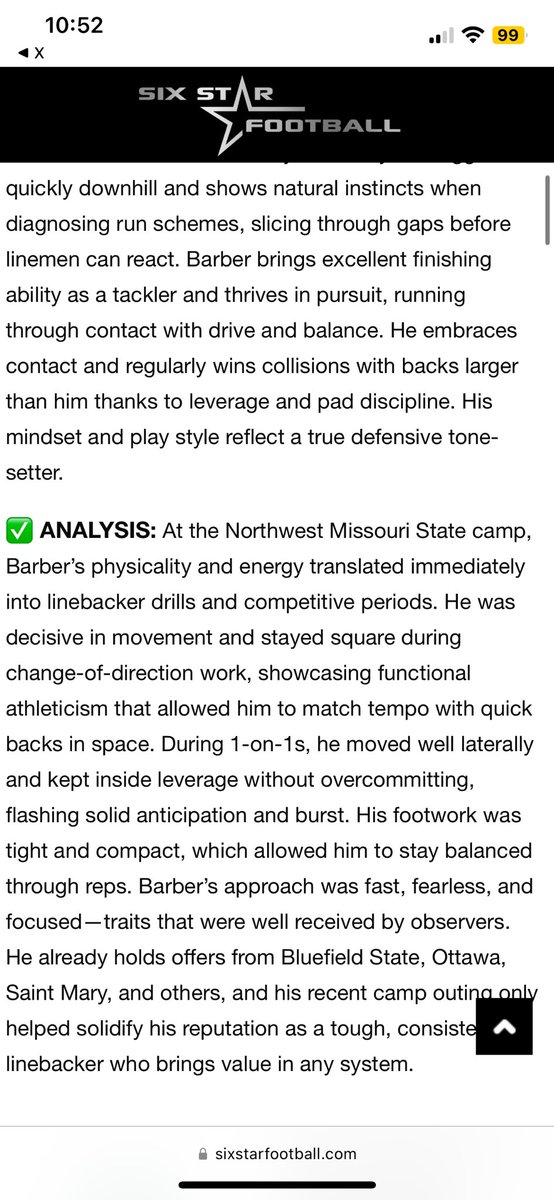 Caleb Barber (@calebbarber44) on Twitter photo Truly grateful to @SixStarFootball for the mention and the opportunity to be seen at the Northwest Missouri State Camp.
<a href="/sixstarfootball/">Six Star Football | PLUS+</a> <a href="/JPRockMO/">JP Rock</a> <a href="/EMKS_Athletics/">Kauffman Athletics</a> Truly grateful to @SixStarFootball for the mention and the opportunity to be seen at the Northwest Missouri State Camp.
<a href="/sixstarfootball/">Six Star Football | PLUS+</a> <a href="/JPRockMO/">JP Rock</a> <a href="/EMKS_Athletics/">Kauffman Athletics</a>