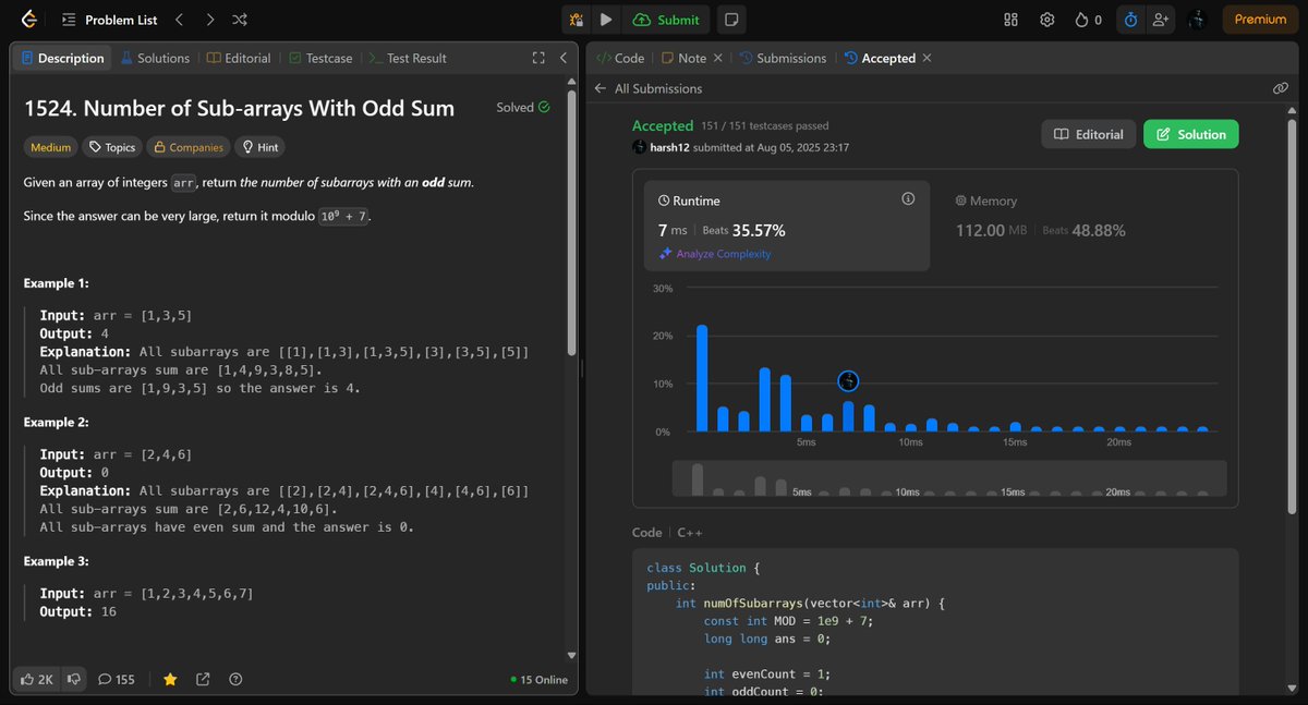 HarshChauh12662's tweet image. Day 92 of #100DaysOfCodeChallenge
Solved Q1524: Number of Sub-arrays With Odd Sum today. Another good practice for prefix sum problems — slowly building comfort with them! 💪
#100DaysOfCode #LeetCode #DSA #PrefixSum #ProblemSolving #CodeEveryday #ConsistencyIsKey #GrindMode