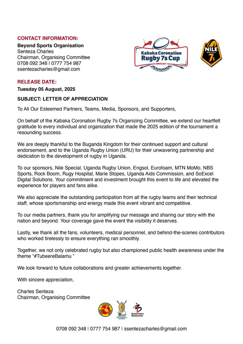 THANK YOU FOR AN AMAZING Kabaka Coronation Rugby 7s! 

Our letter to you! 🙌