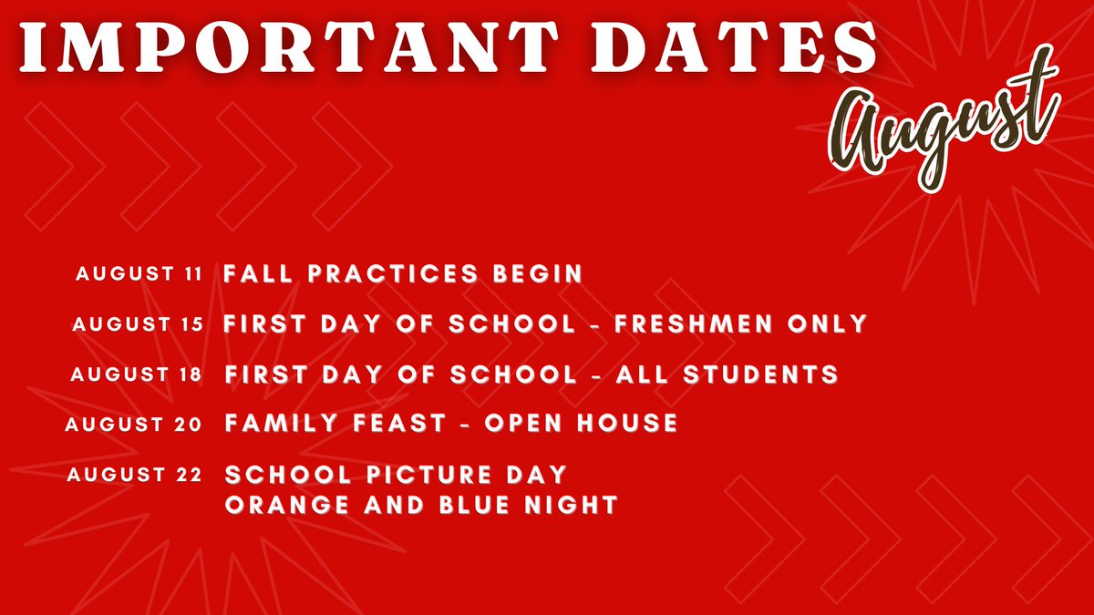 📣 Mark Your Calendars, Indians! 🧡💙

📅 August 11 – Fall Practices Begin
🎒 August 15 – First Day for Freshmen
🏫 August 18 – First Day for All Students
🍽️ August 20 – Family Feast &amp; Open House
📸 August 22 – Picture Day &amp; Orange and Blue Night