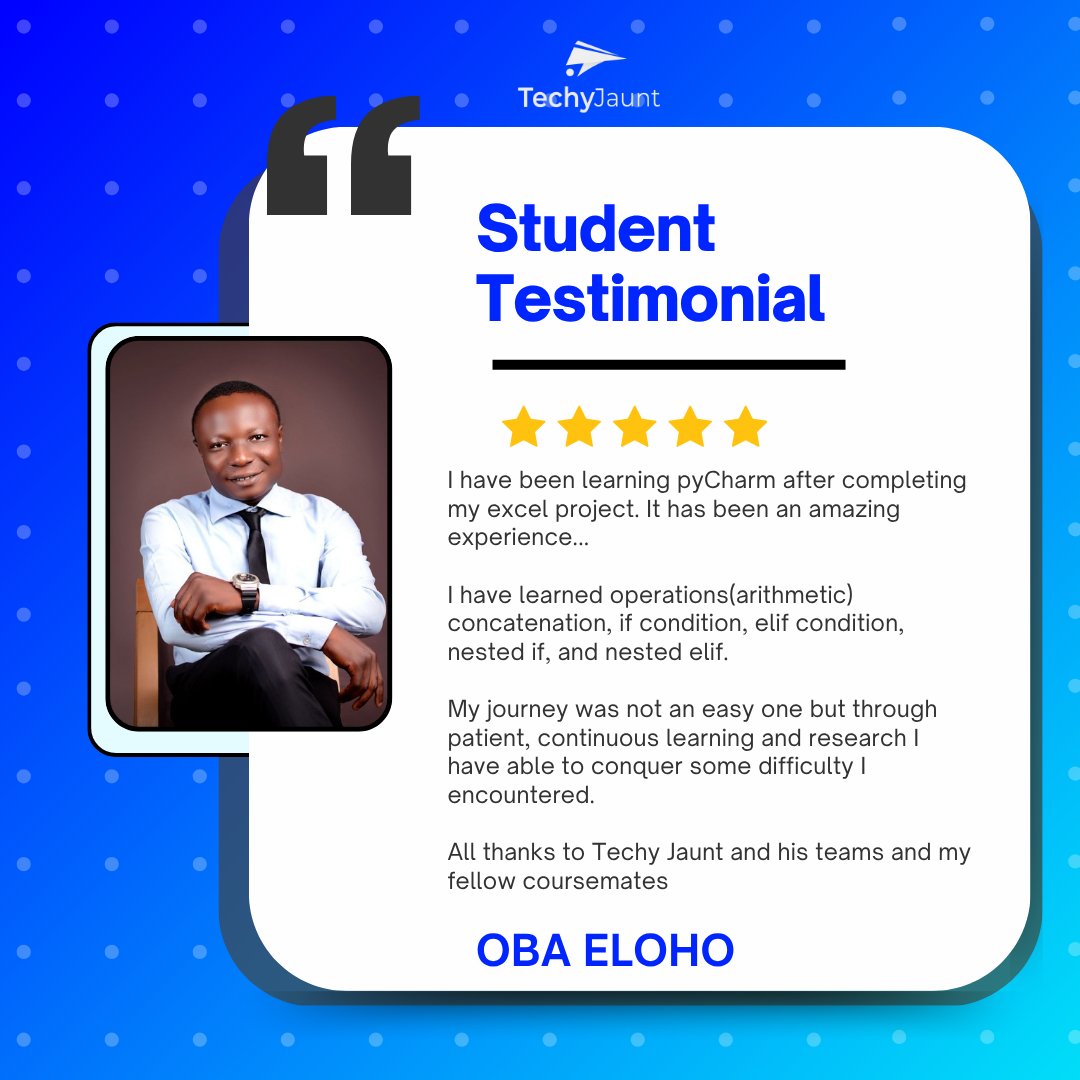 TechyJaunt's tweet image. Testimonial O'clock!⏰⏰
⬇️⬇️⬇️
In this Week's Testimonial Tuesday, A past student of one of our cohorts, Oba Eloho, shares his experience🤗
#techskill #testimonial #learntech