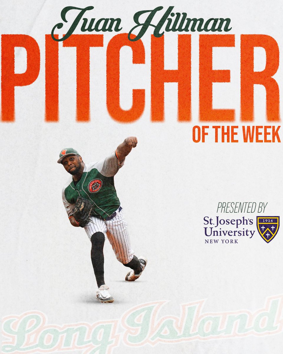 Long Island Ducks (@liducks) on Twitter photo Congratulations to our Player and Pitcher of the Week, presented by <a href="/stjoesny/">St. Joseph's University New York</a>, <a href="/josiahtown11/">River Town</a> and <a href="/RealJuanHillman/">Juan Hillman</a> !
⚾️Town: .435 AVG, 2 HR, 5 RBI, 7 R, 10 H, 2 2B, 4 BB, 1.302 OPS
⚾️Hillman: 1-0, 0.00 ERA, 1 GS, 7.2 IP, 4 H, 0 R, 2 BB, 8 K, .160 BAA Congratulations to our Player and Pitcher of the Week, presented by <a href="/stjoesny/">St. Joseph's University New York</a>, <a href="/josiahtown11/">River Town</a> and <a href="/RealJuanHillman/">Juan Hillman</a> !
⚾️Town: .435 AVG, 2 HR, 5 RBI, 7 R, 10 H, 2 2B, 4 BB, 1.302 OPS
⚾️Hillman: 1-0, 0.00 ERA, 1 GS, 7.2 IP, 4 H, 0 R, 2 BB, 8 K, .160 BAA