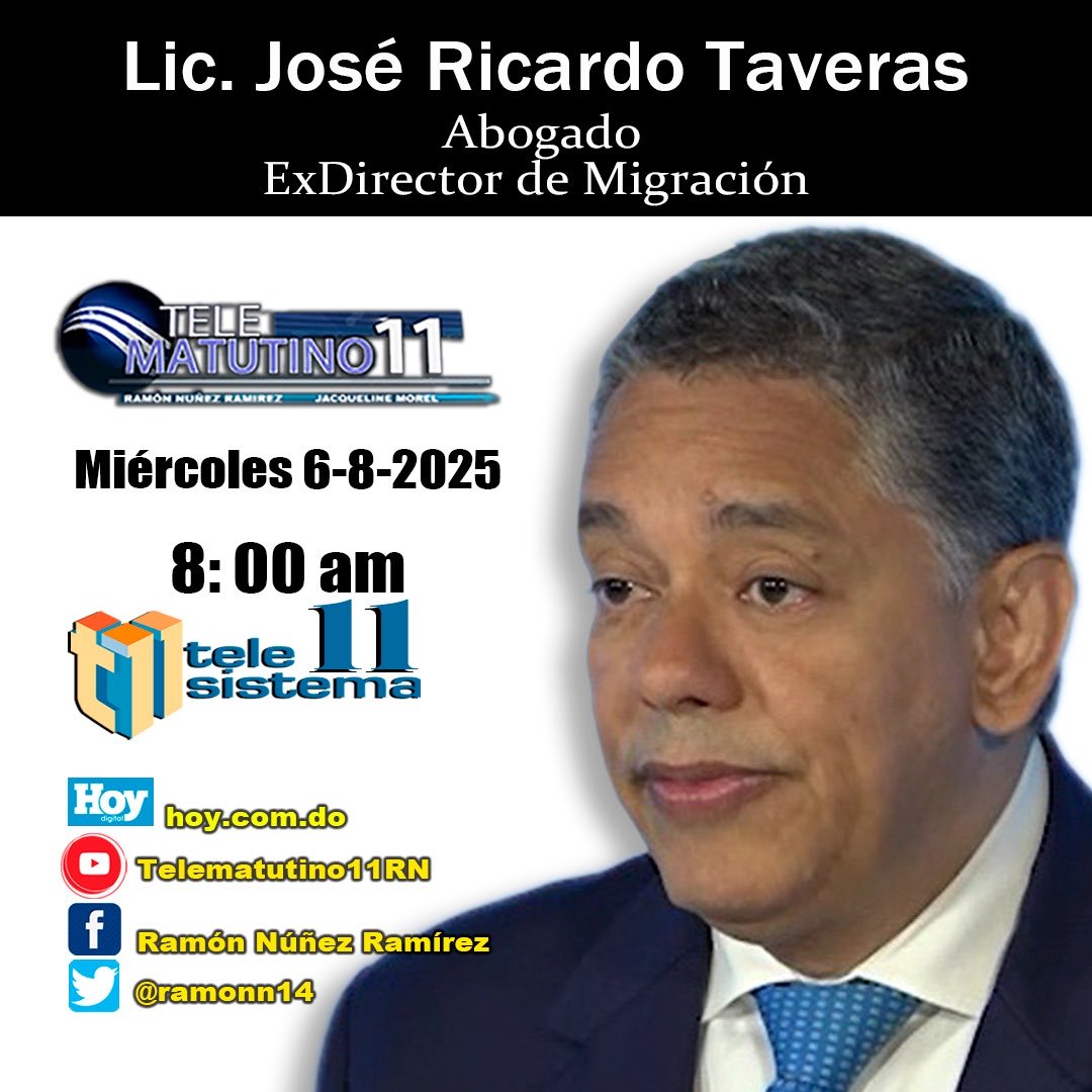 Les invito acompañarme mañana, a las 8:00 AM por ⁦<a href="/telesistema11rd/">Telesistema 11</a>⁩ en ⁦<a href="/Telematutino11R/">Telematutino11RN</a>⁩ junto a los buenos amigos ⁦<a href="/ramonn14/">Ramon Nuñez Ramirez</a>⁩ y ⁦<a href="/moreljacqueline/">Jacqueline Morel</a>⁩ , donde estaremos abordando temas de gran interés nacional.