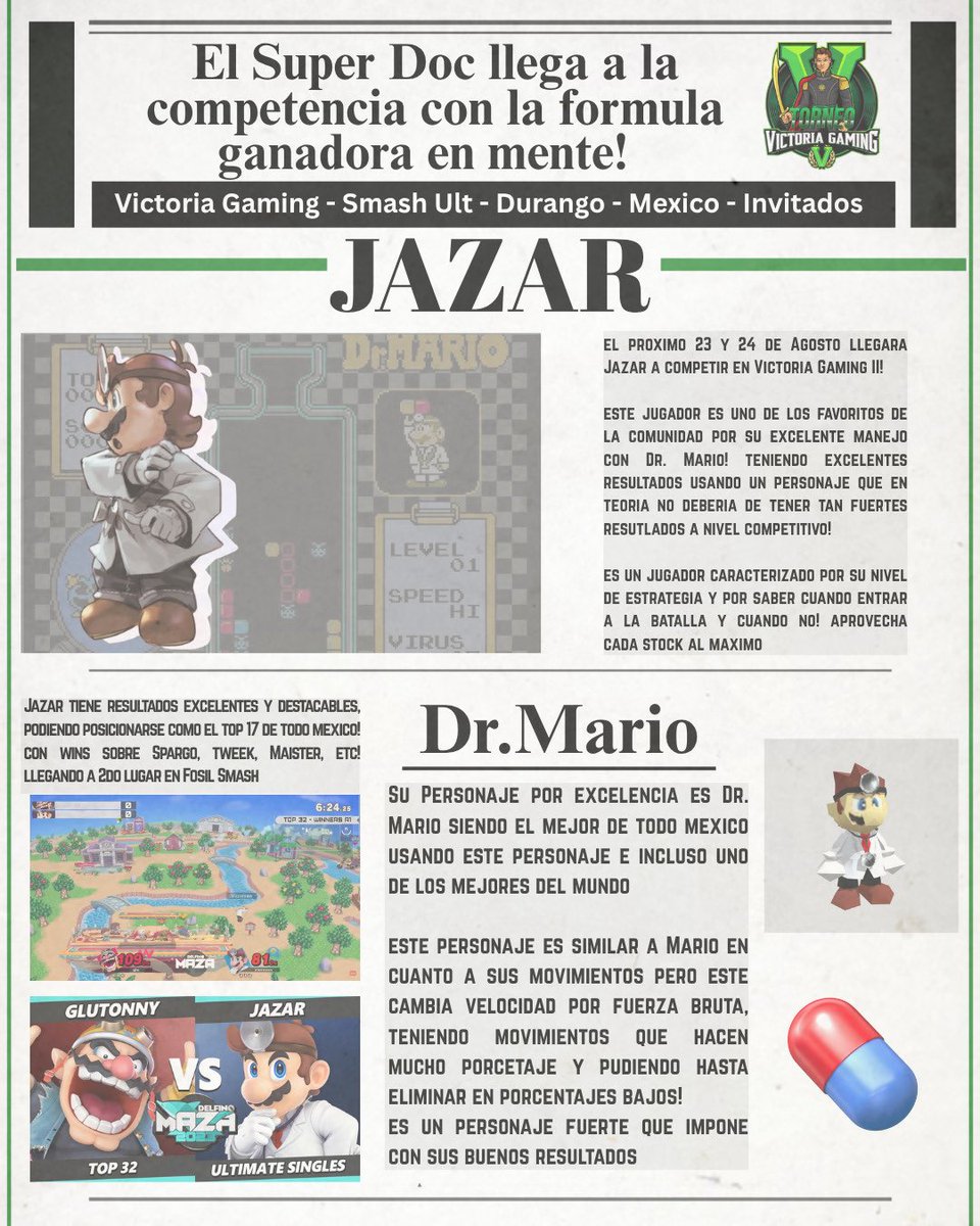 Superdog?:(
SuperDoctor 💚👀

El mejor Doctor Mario del mundo y el actual subcampeón de Victoria Gaming viene por su revancha a la ciudad de Durango 🦂

<a href="/DocJaZaR/">ÑFC/BH/JaZaR</a> 

Se hace presente en Victoria Gaming 2 

Nos vemos este 23-24 Agosto en Durango Durango 💚👾