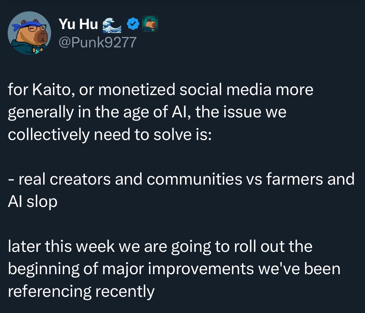 Good update from Kaito

If you’re against removal of bots and AI slop, you simply just do not like crypto lol