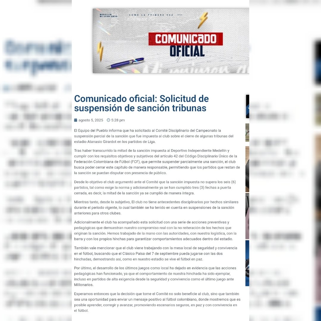 Comunicado del <a href="/DIM_Oficial/">DIM</a> donde habla que hizo el trámite para la solicitud de pausa de la sanción que está pagando en diferentes tribunas del estadio Atanasio Girardot en las que no puede ingresar público, solicita que su pedido sea atendido como lo fue el de otros clubes idem