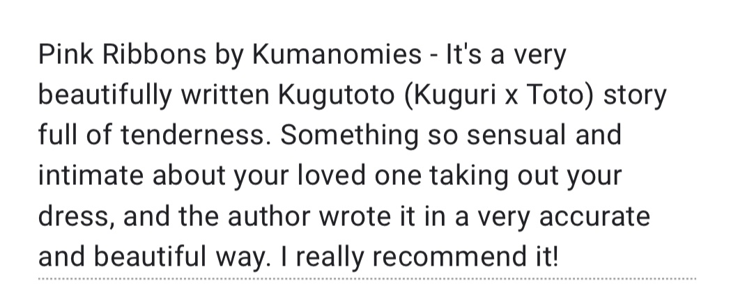 #269 

Pink Ribbons | G | Kugutoto | oneshot | 1.6k | author: <a href="/kumanomies/">nathie ⚔️🦇🩸</a> 

archiveofourown.org/works/68377916